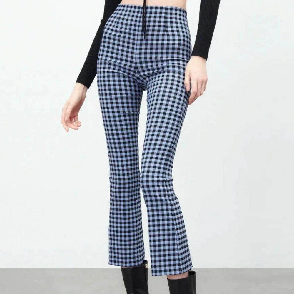 ZARA Vichi Gingham Checker Leggings High Rise Flare Black/Blue 60s Mod Large